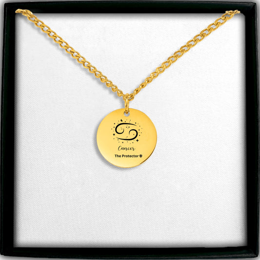 v18k Gold plated Cancer The Protector zodiac pendant necklace with celestial stars and shield symbol, June July birthday gift, stainless steel zodiac jewelry with Cuban chain, modern astrology necklace gift.