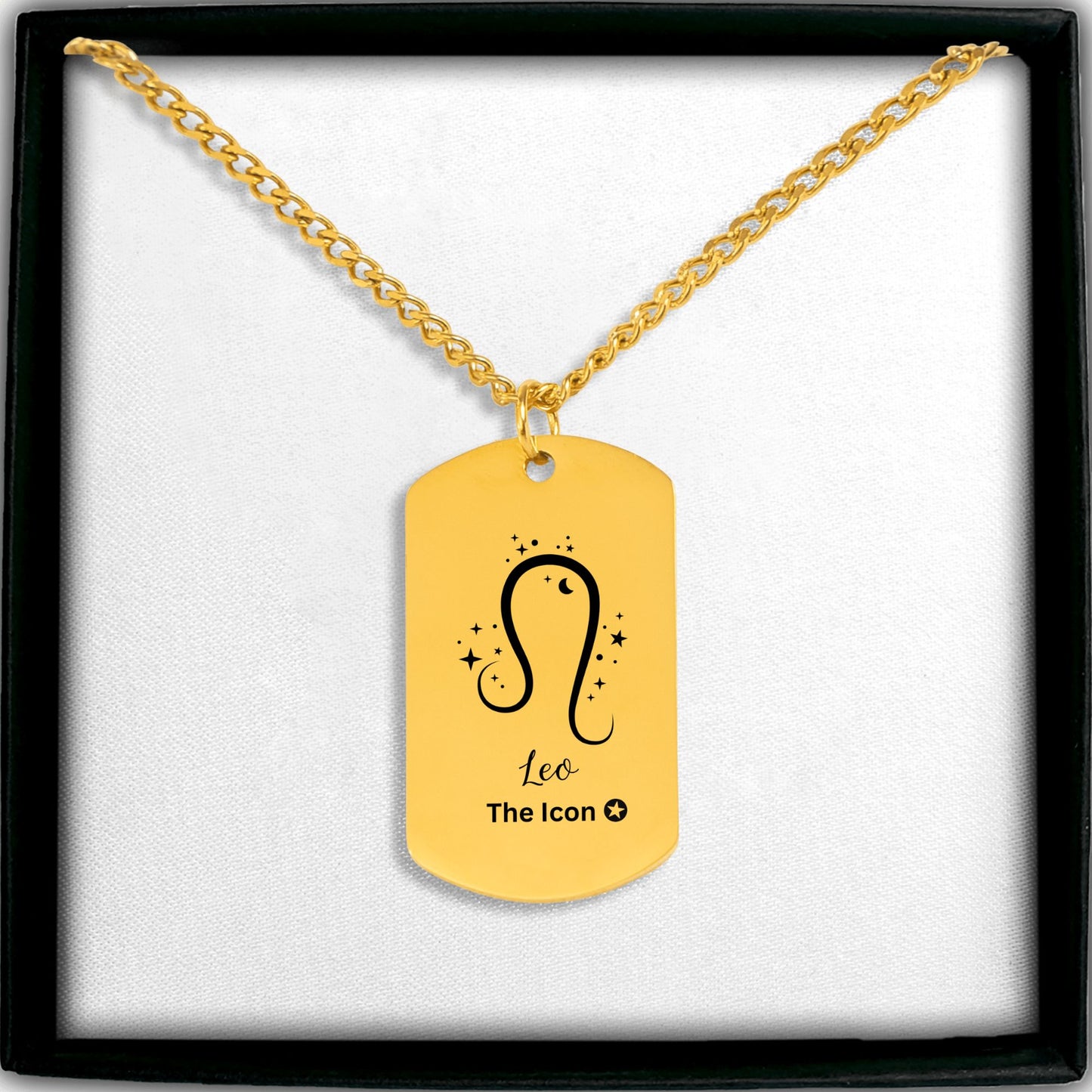 18k Gold plated Leo The Icon zodiac pendant necklace with celestial stars and star symbol, July August birthday gift, stainless steel zodiac jewelry with paperclip chain, modern astrology necklace gift.