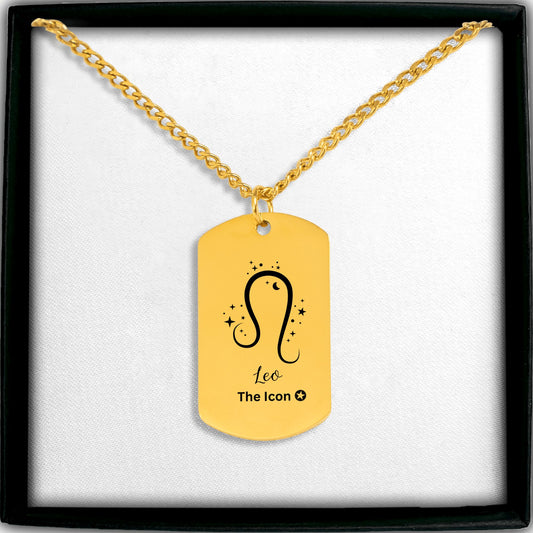 18k Gold plated Leo The Icon zodiac pendant necklace with celestial stars and star symbol, July August birthday gift, stainless steel zodiac jewelry with paperclip chain, modern astrology necklace gift.