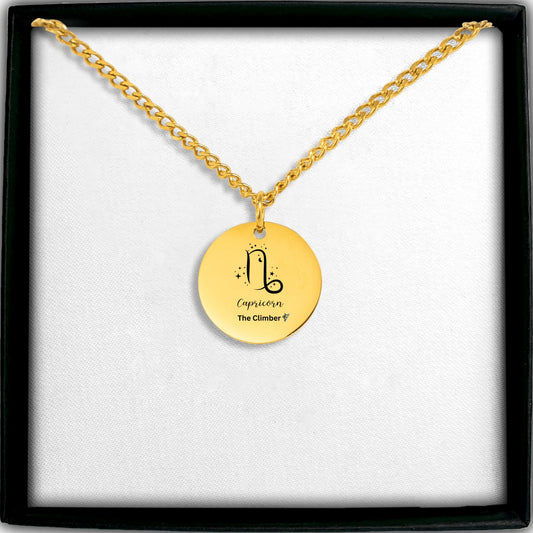 18k Gold Plated Caricorn the Climber zodiac pendant necklace with celestial stars and mountain climber icon , December January birthday gift, stainless steel, gold zodiac jewelry with Cuban chain, spiritual  astrology necklace gift.