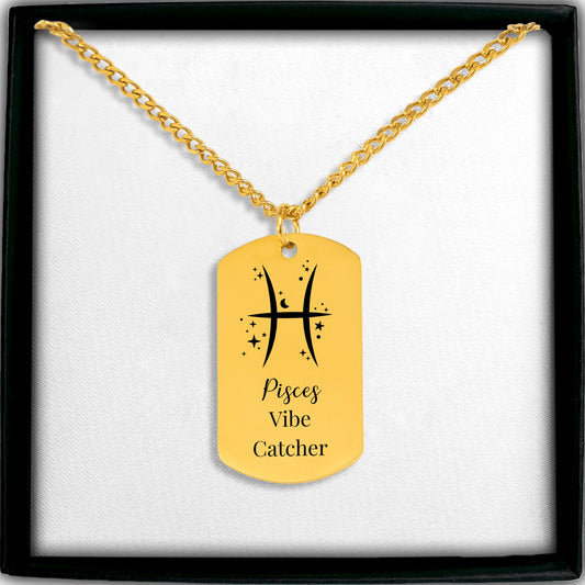 18k Gold plated Pisces Vibe Catcher zodiac pendant necklace with celestial stars and waves design, February March birthday gift, stainless steel zodiac jewelry with paperclip chain, spiritual astrology necklace gift.  