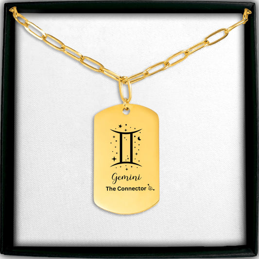 18k Gold plated Gemini The Connector zodiac pendant necklace with celestial stars and connection symbol, May June birthday gift, stainless steel zodiac jewelry with paperclip chain, modern astrology necklace gift.