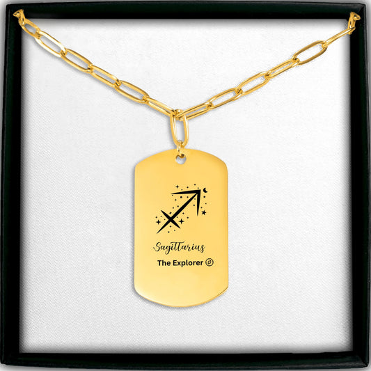 18k Gold plated Sagittarius The Explorer zodiac pendant necklace with celestial stars and arrow symbol, November December birthday gift, stai.nless steel zodiac jewelry with paperclip chain, modern astrology gift.