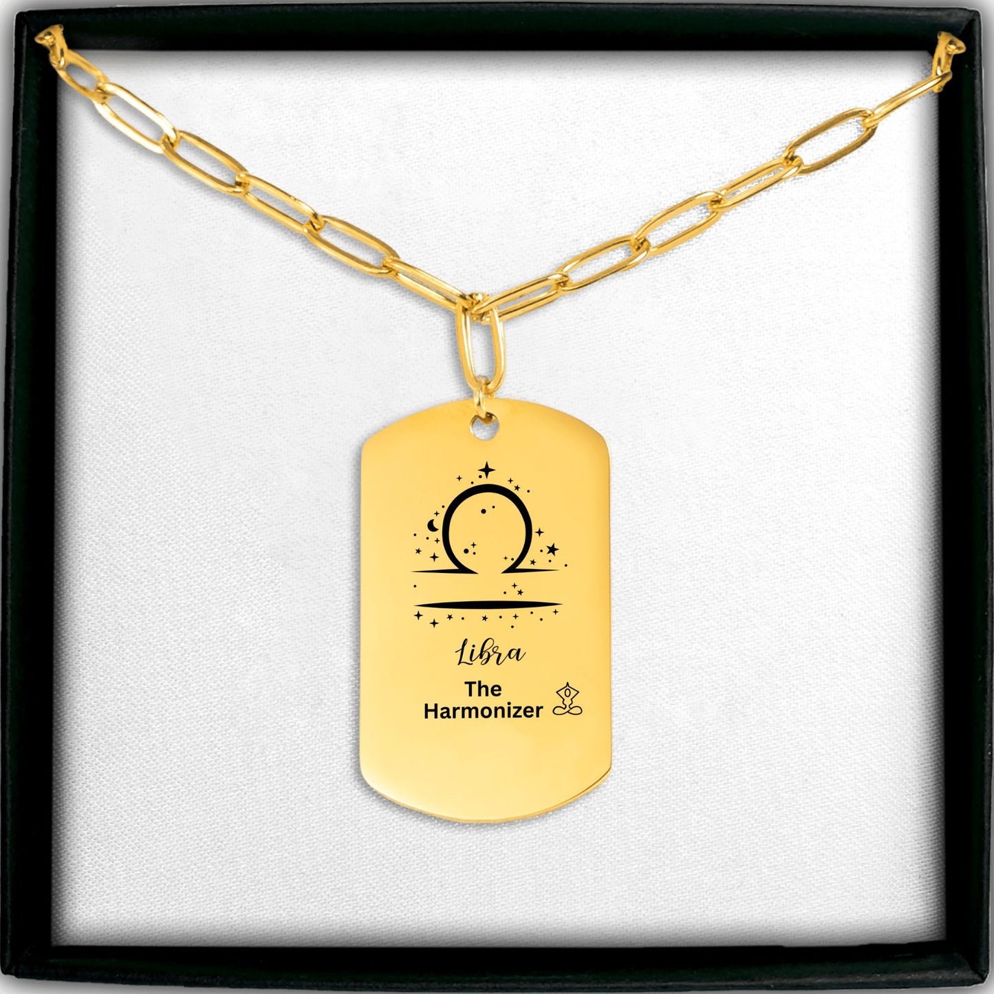 18k Gold plated Libra The Harmonizer zodiac pendant necklace with celestial stars and balance symbol, September October birthday gift, stainless steel zodiac jewelry with paperclip chain, modern astrology gift.