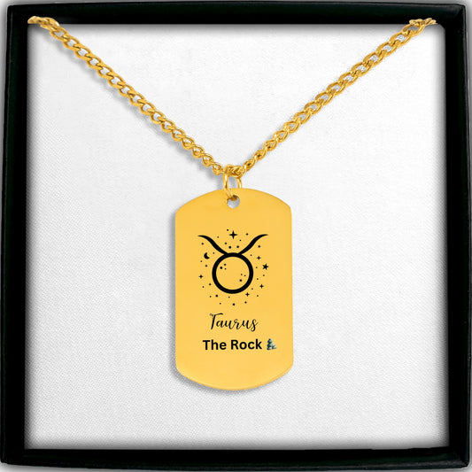 18k Gold plated Taurus The Rock zodiac pendant necklace with celestial stars and strength symbol, April May birthday gift, stainless steel zodiac jewelry with paperclip chain, modern astrology necklace gift